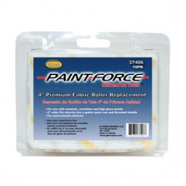 The PAINT-FORCE 37406 4 in. x 1/2 in. Nap Premium Fabric Refill (10-Pack) boasts a sleek, functional package with a clear display, showcasing its versatility for semi-smooth surfaces and compatibility with enamels, varnishes, and high gloss paints.